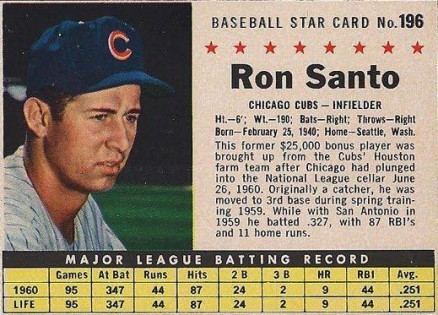 1961 Post Cereal Ron Santo #196 Baseball Card