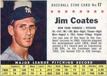 1961 Post Cereal Jim Coates #17 Baseball Card