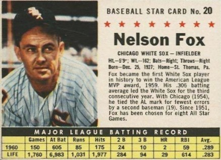 1961 Post Cereal Nelson Fox #20 Baseball Card
