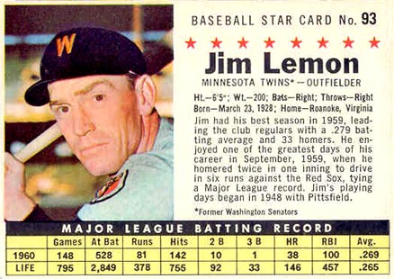 1961 Post Cereal Jim Lemon #93 Baseball Card