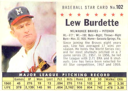 1961 Post Cereal Lew Burdette #102 Baseball Card
