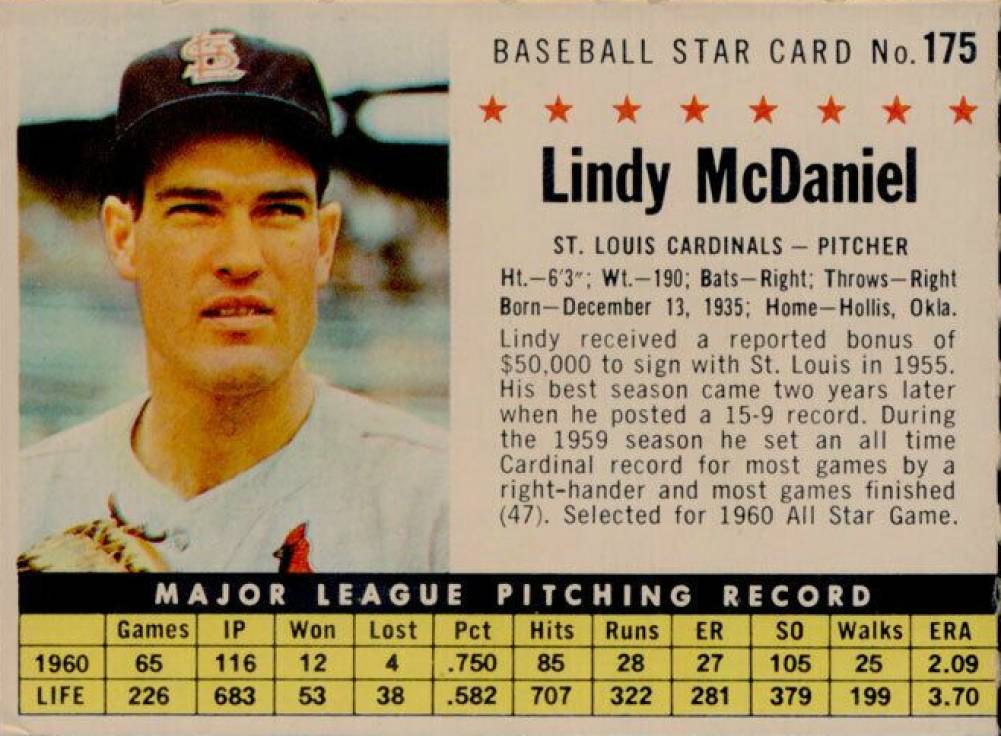 1961 Post Cereal Lindy McDaniel #175 Baseball Card