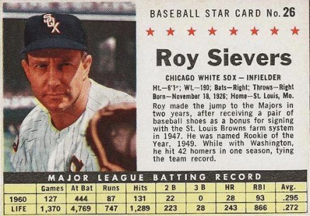 1961 Post Cereal Roy Sievers #26 Baseball Card