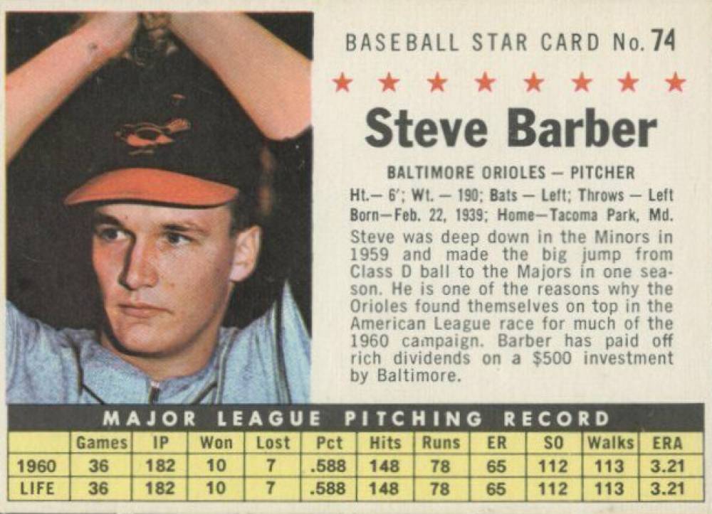 1961 Post Cereal Steve Barber #74 Baseball Card