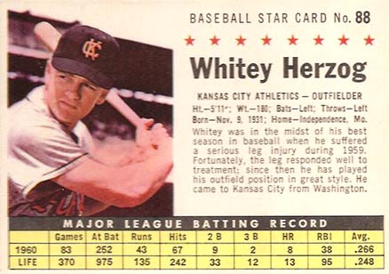 1961 Post Cereal Whitey Herzog #88 Baseball Card