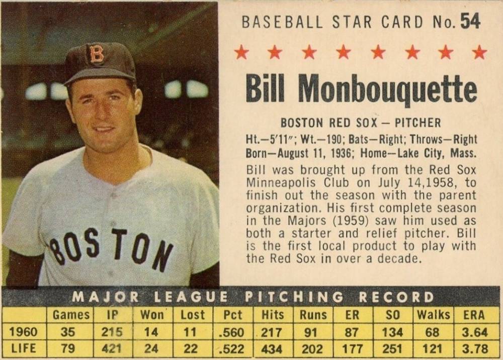 1961 Post Cereal Bill Monbouquette #54 Baseball Card