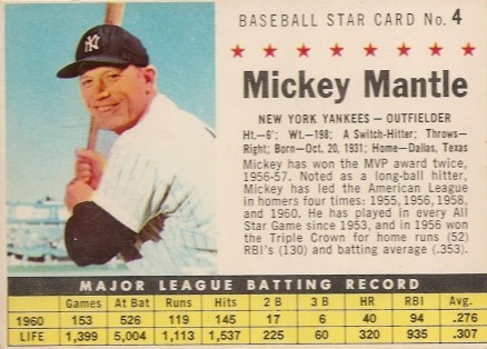 1961 Post Cereal Mickey Mantle #4 Baseball Card