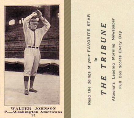 1916 Altoona Tribune Walter Johnson #91 Baseball Card