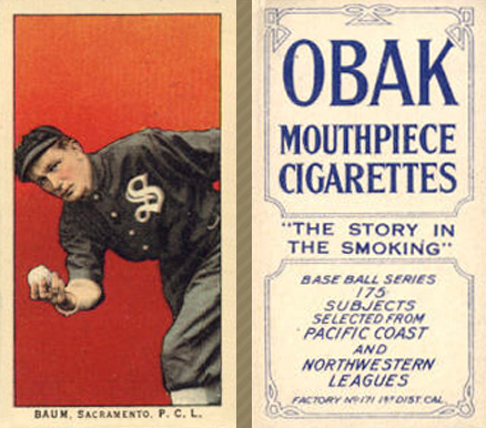 1910 Obak Baum. Sacramento. P.C.L. # Baseball Card