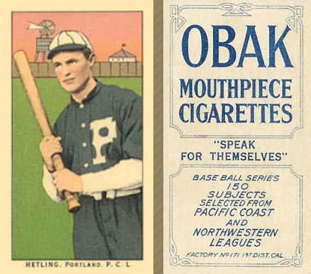 1910 Obak Hetling. Portland. P.C.L. # Baseball Card