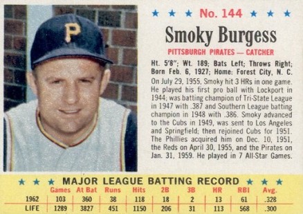 1963 Post Cereal Smoky Burgess #144 Baseball Card