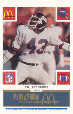 1986 McDonald's Giants Terry Kinard #43 Football Card