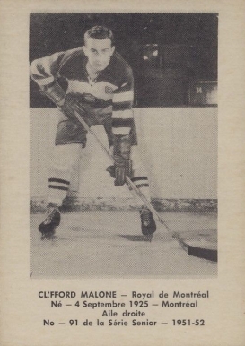 1951 Laval Dairy QSHL Cliff Malone #91 Hockey Card