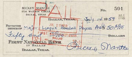 1990 Hall of Fame Autograph Bank Checks Mickey Mantle # Baseball Card