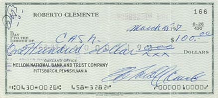 1990 Hall of Fame Autograph Bank Checks Roberto Clemente # Baseball Card