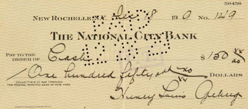 1990 Hall of Fame Autograph Bank Checks Lou Gehrig # Baseball Card