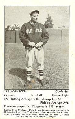 1932 N.Y. Giants Schedule Postcards Len Koenecke # Baseball Card