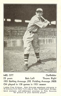 1932 N.Y. Giants Schedule Postcards Mel Ott # Baseball Card