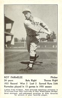 1932 N.Y. Giants Schedule Postcards Roy Parmelee # Baseball Card