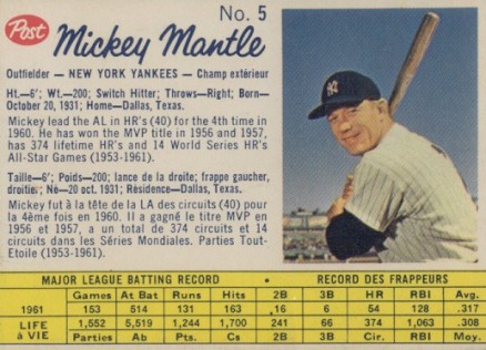 1962 Post Canadian Mickey Mantle #5 Baseball Card