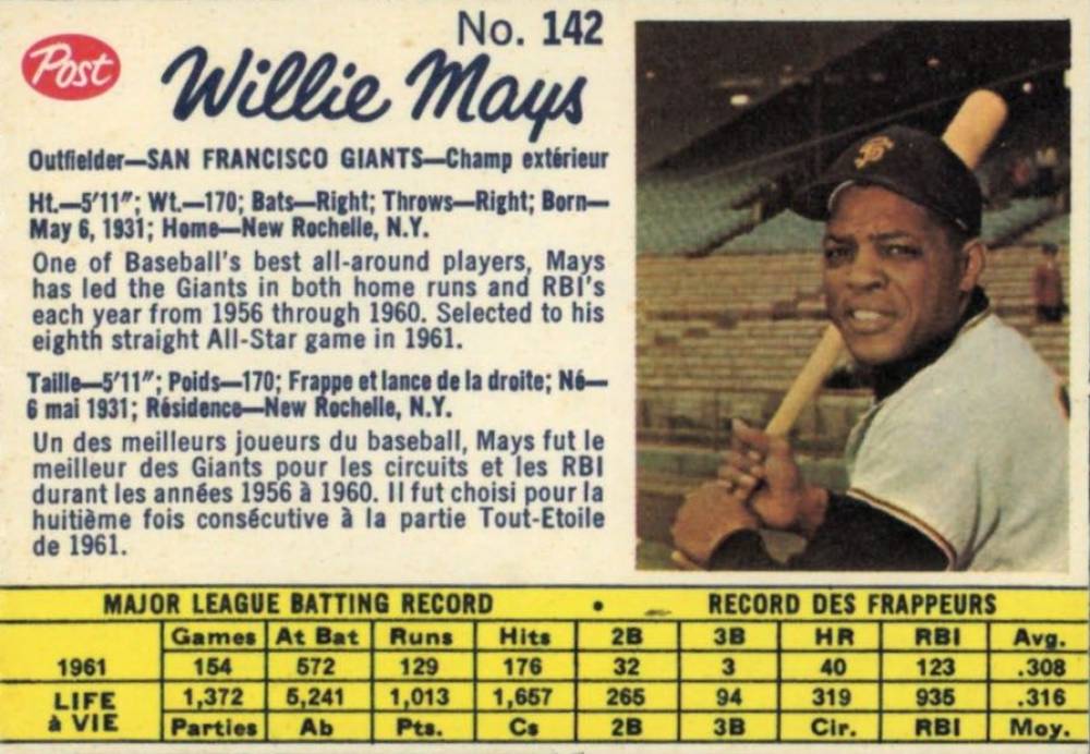 1962 Post Canadian Willie Mays #142 Baseball Card