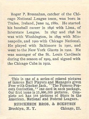1914 Cracker Jack BRESNAHAN, Chicago-Nationals #17e Baseball Card