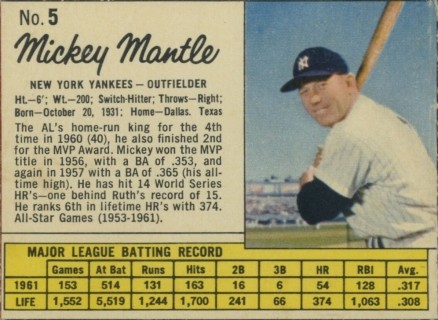 1962 Jell-O Mickey Mantle #5 Baseball Card