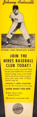 1958 Hires Root Beer Test Set Johnny Antonelli # Baseball Card