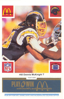 1986 McDonald's Chargers Dennis McKnight #60 Football Card
