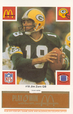 1986 McDonald's Packers Jim Zorn #18 Football Card