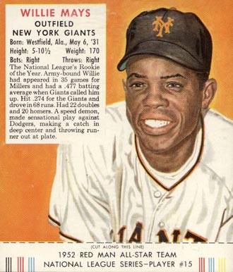 1952 Red Man Tobacco Willie Mays #15 Baseball Card