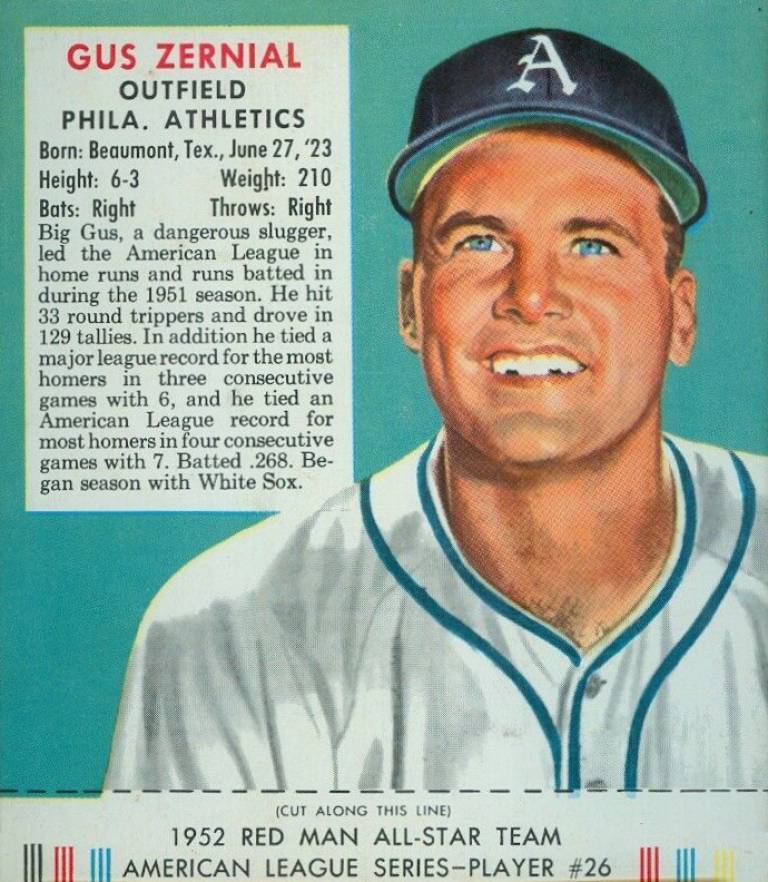 1952 Red Man Tobacco Gus Zernial #26 Baseball Card