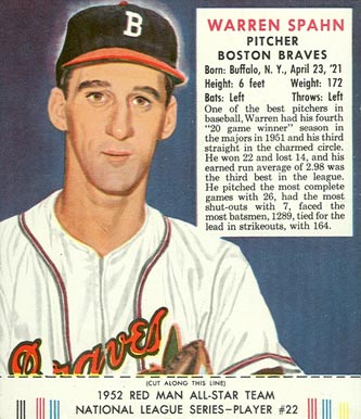 1952 Red Man Tobacco Warren Spahn #22 Baseball Card