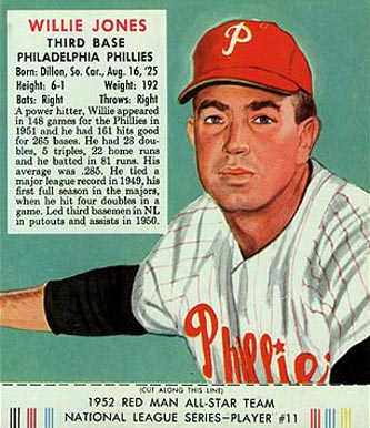 1952 Red Man Tobacco Willie Jones #11 Baseball Card