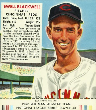 1952 Red Man Tobacco Ewell Blackwell #3 Baseball Card