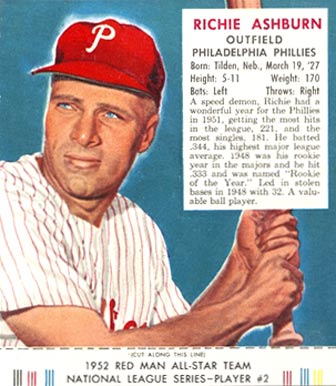 1952 Red Man Tobacco Richie Ashburn #2 Baseball Card
