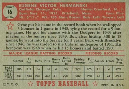 1952 Topps Gene Hermanski #16 Baseball Card