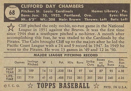 1952 Topps Cliff Chambers #68b Baseball Card