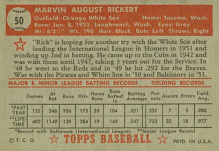 1952 Topps Marv Rickert #50 Baseball Card