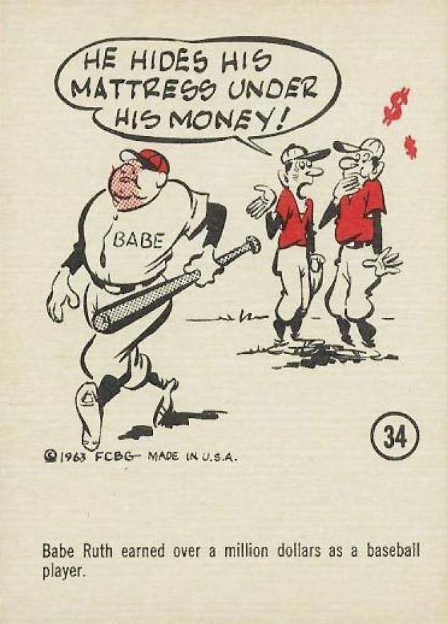 1963 Gad Fun Cards Babe Ruth #34 Baseball Card