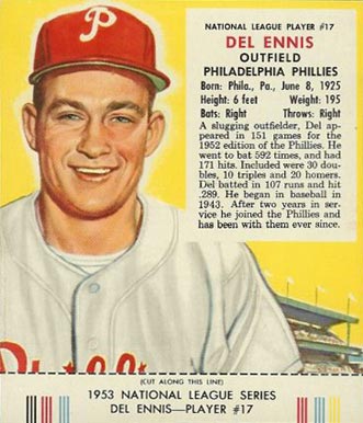 1953 Red Man Tobacco Del Ennis #17 Baseball Card