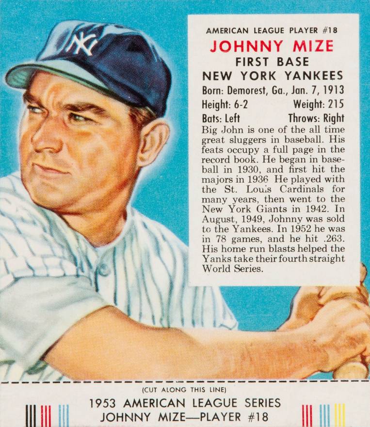 1953 Red Man Tobacco Johnny Mize #18 Baseball Card