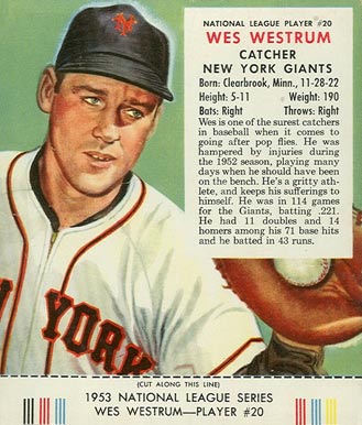 1953 Red Man Tobacco Wes Westrum #20 Baseball Card