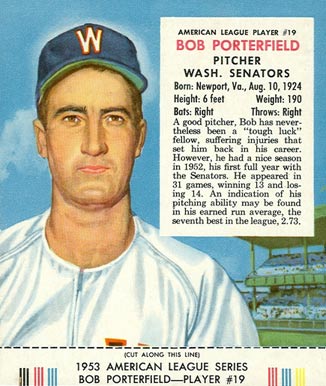 1953 Red Man Tobacco Bob Porterfield #19 Baseball Card