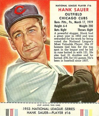 1953 Red Man Tobacco (with Tabs) Hank Sauer #16n Baseball Card - 68335