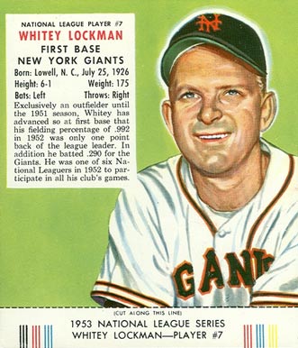 1953 Red Man Tobacco Whitey Lockman #7 Baseball Card