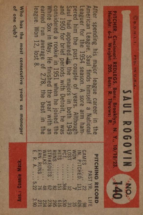1954 Bowman Saul Rogovin #140b Baseball Card