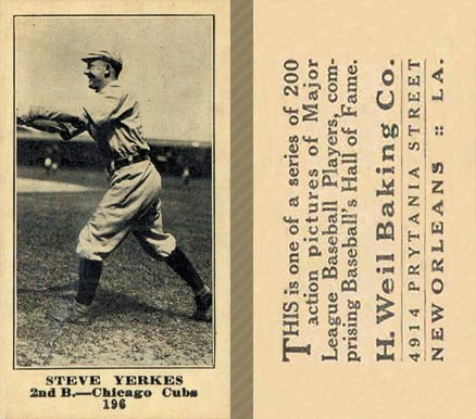 1916 Weil Baking Co. Steve Yerkes #196 Baseball Card