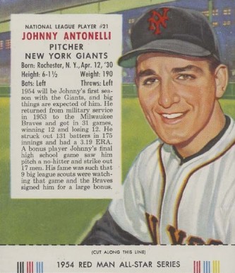 1954 Red Man Tobacco Johnny Antonelli #21 Baseball Card