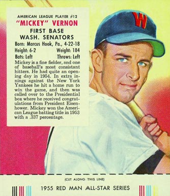1955 Red Man Tobacco Mickey Vernon #12 Baseball Card